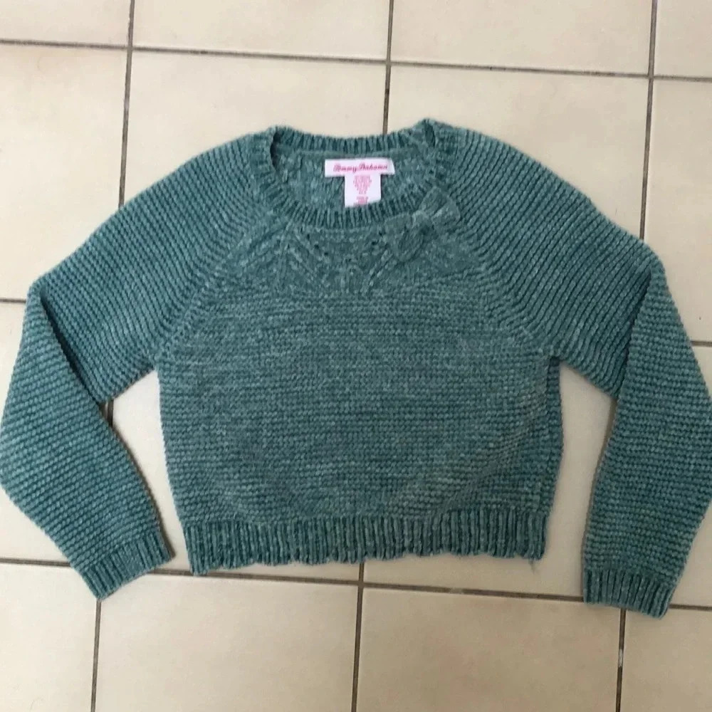 Tommy Bahama chenille teal sweater with bow, girls size S (5-6 years)